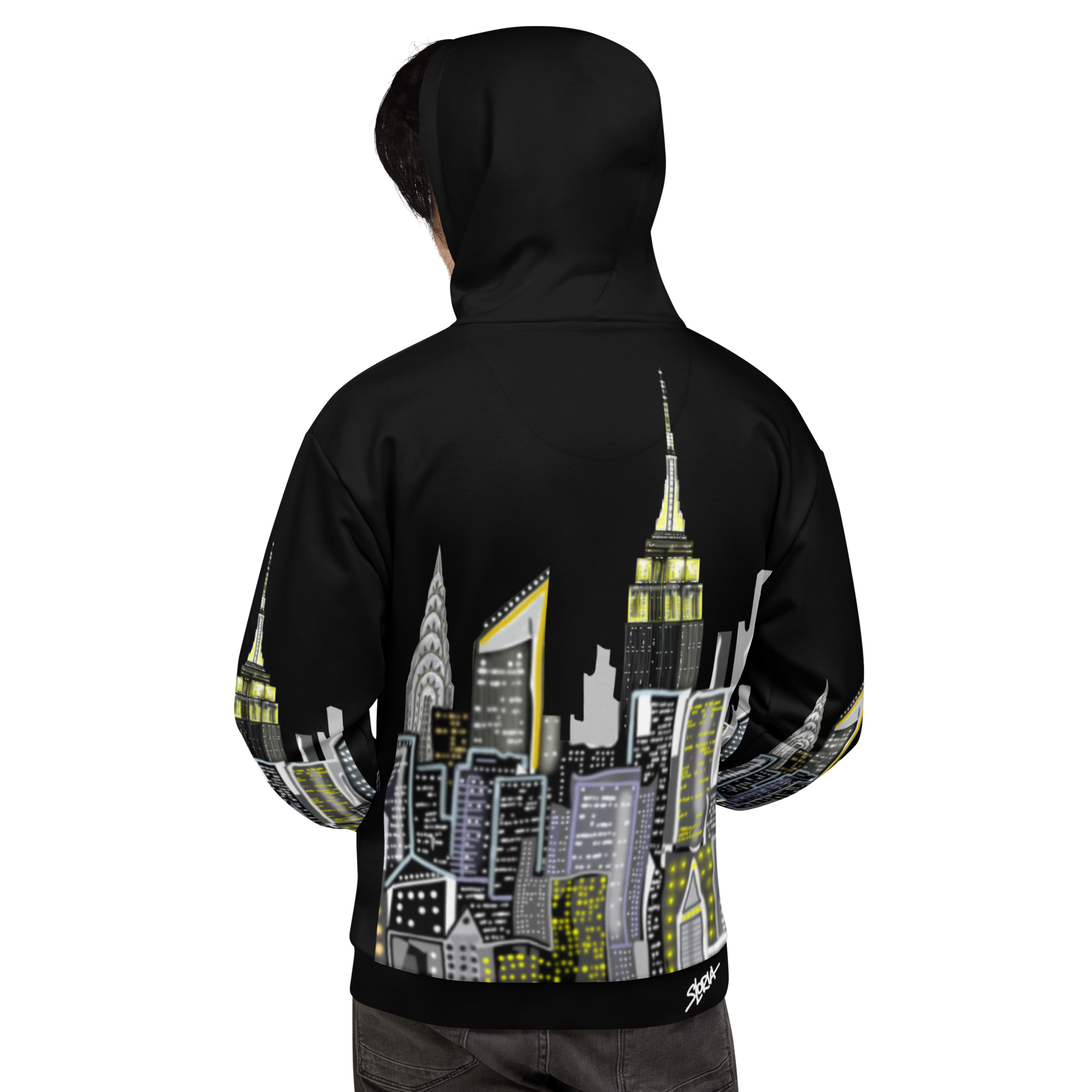 Rear view of a Black hoodie with cityscape Loria NYC Art design on the back, worn by a person.