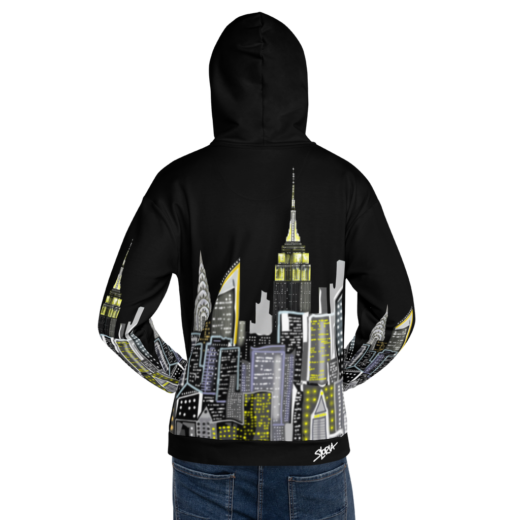 Back of Black hoodie with a Loria NYC Art cityscape design on the back, displayed on a white background.
