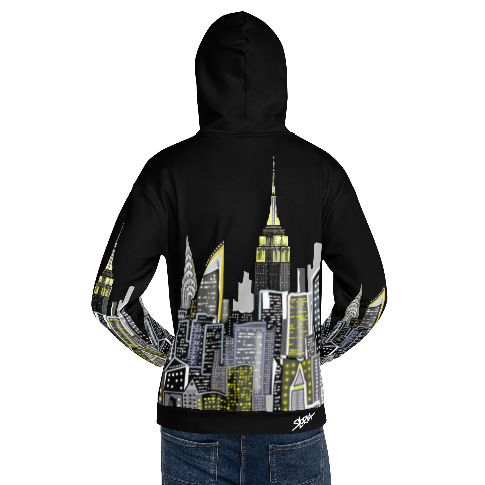 Back of Black hoodie with a Loria NYC Art cityscape design on the back, displayed on a white background.