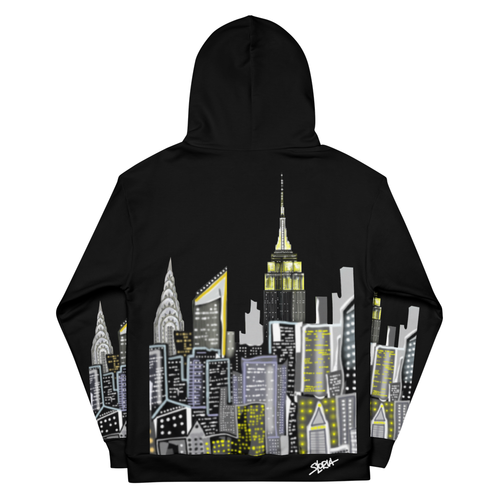 Black hoodie with a cityscape Loria NYC Art design on the back, featuring iconic buildings.