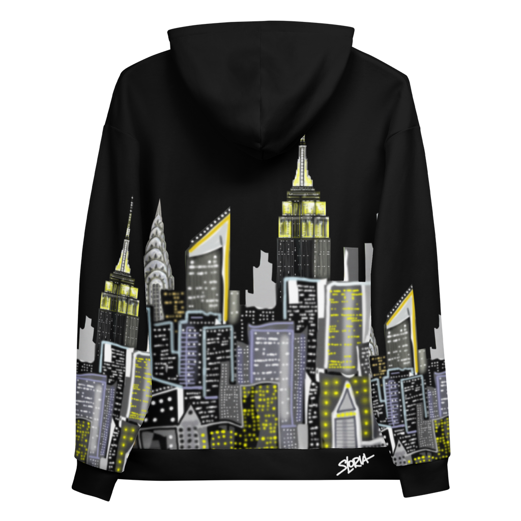 Black hoodie with a cityscape Loria NYC Art design on the back, featuring iconic buildings.