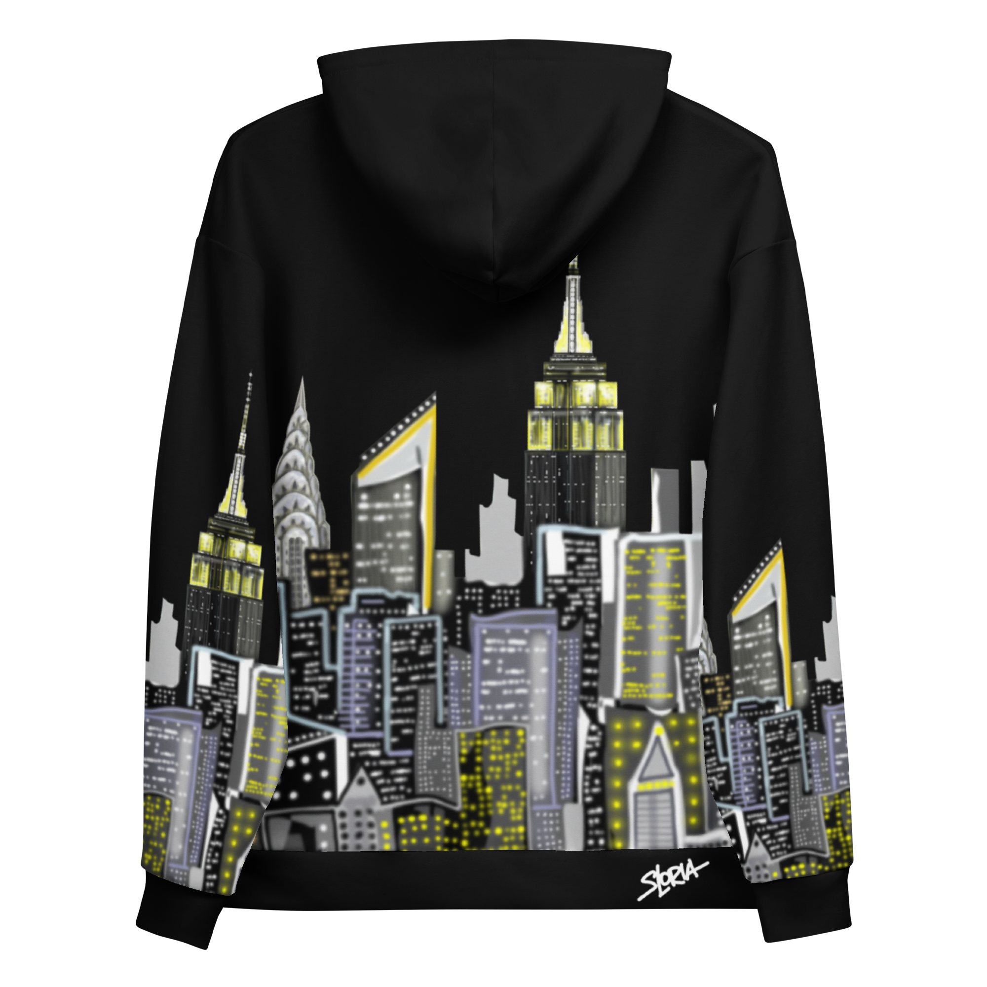 Black hoodie with a cityscape Loria NYC Art design on the back, featuring iconic buildings.
