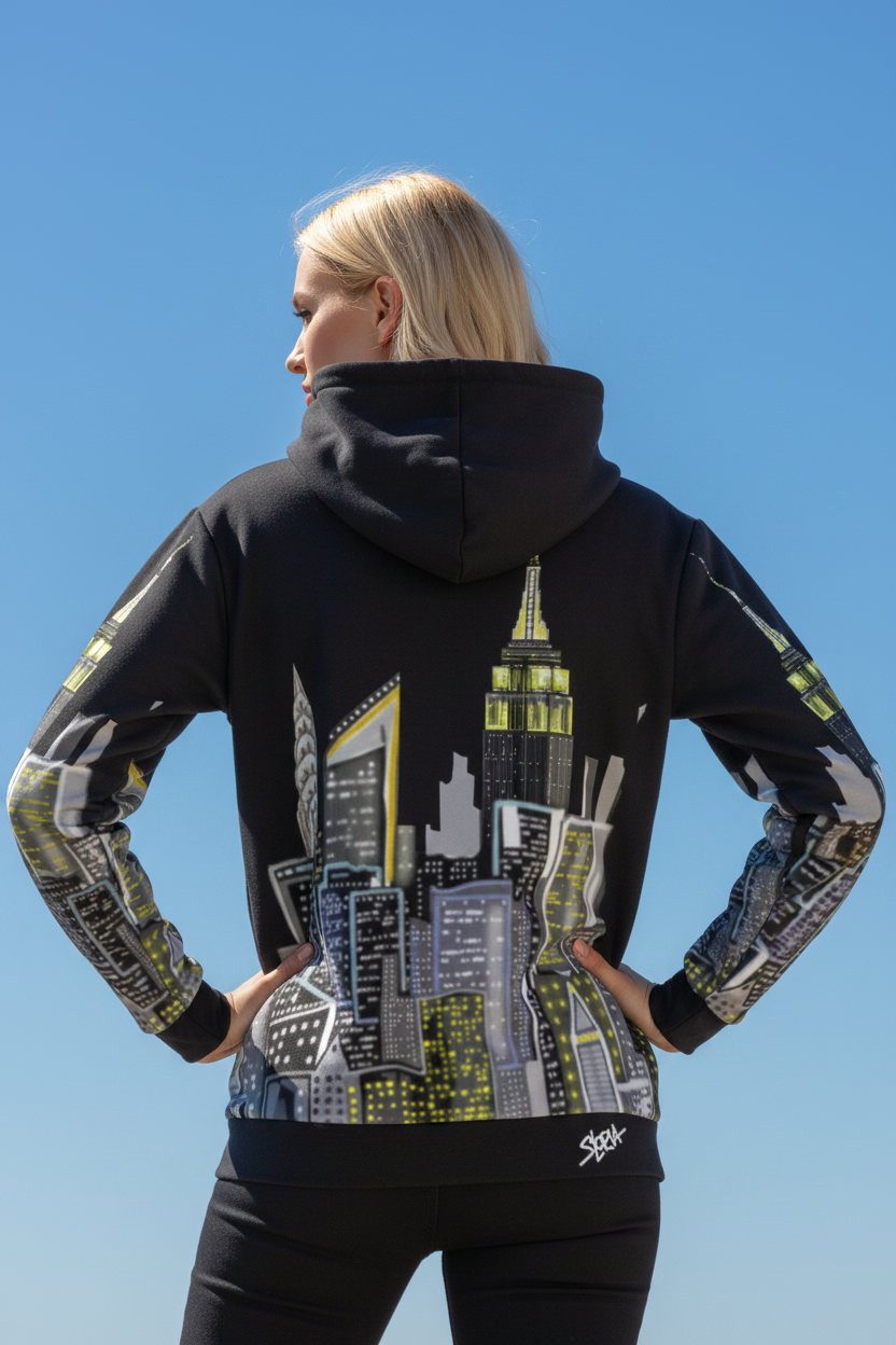 Person wearing a black hoodie with cityscape Loria NYC Art design against a clear blue sky