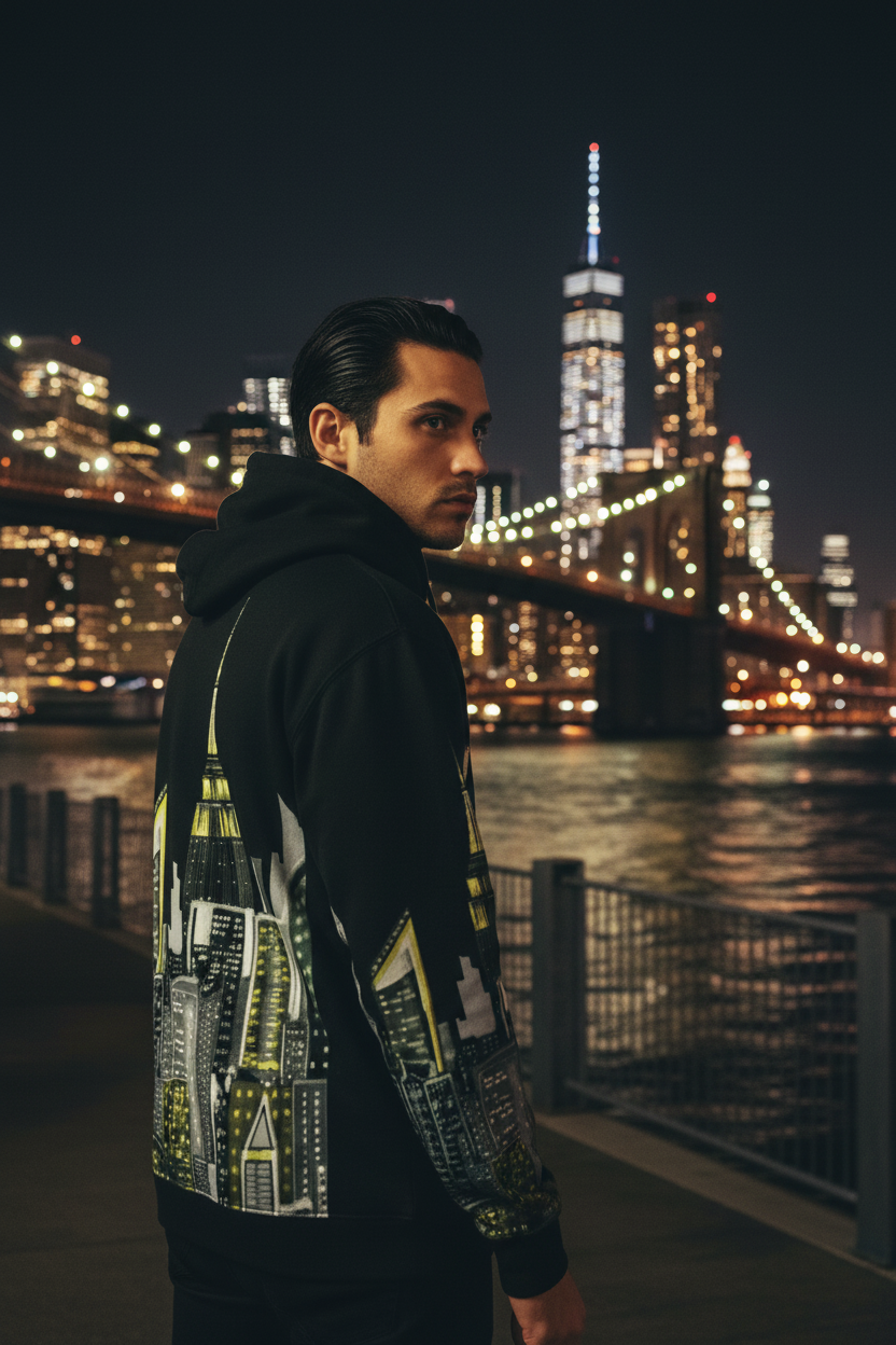 Man posing in a black Loria NYC Art hoodie with the city skyline in the background.