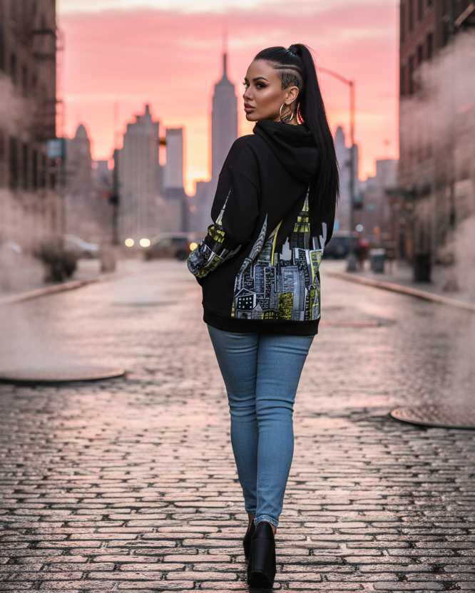 Woman wearing a Loria NYC Art hoodie on a city street with a sunset skyline in the background