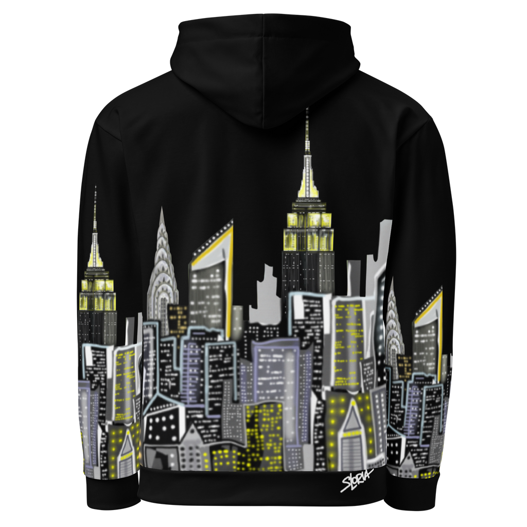 Back of a Black hoodie with a Loria NYC Art cityscape design on the back against a white background