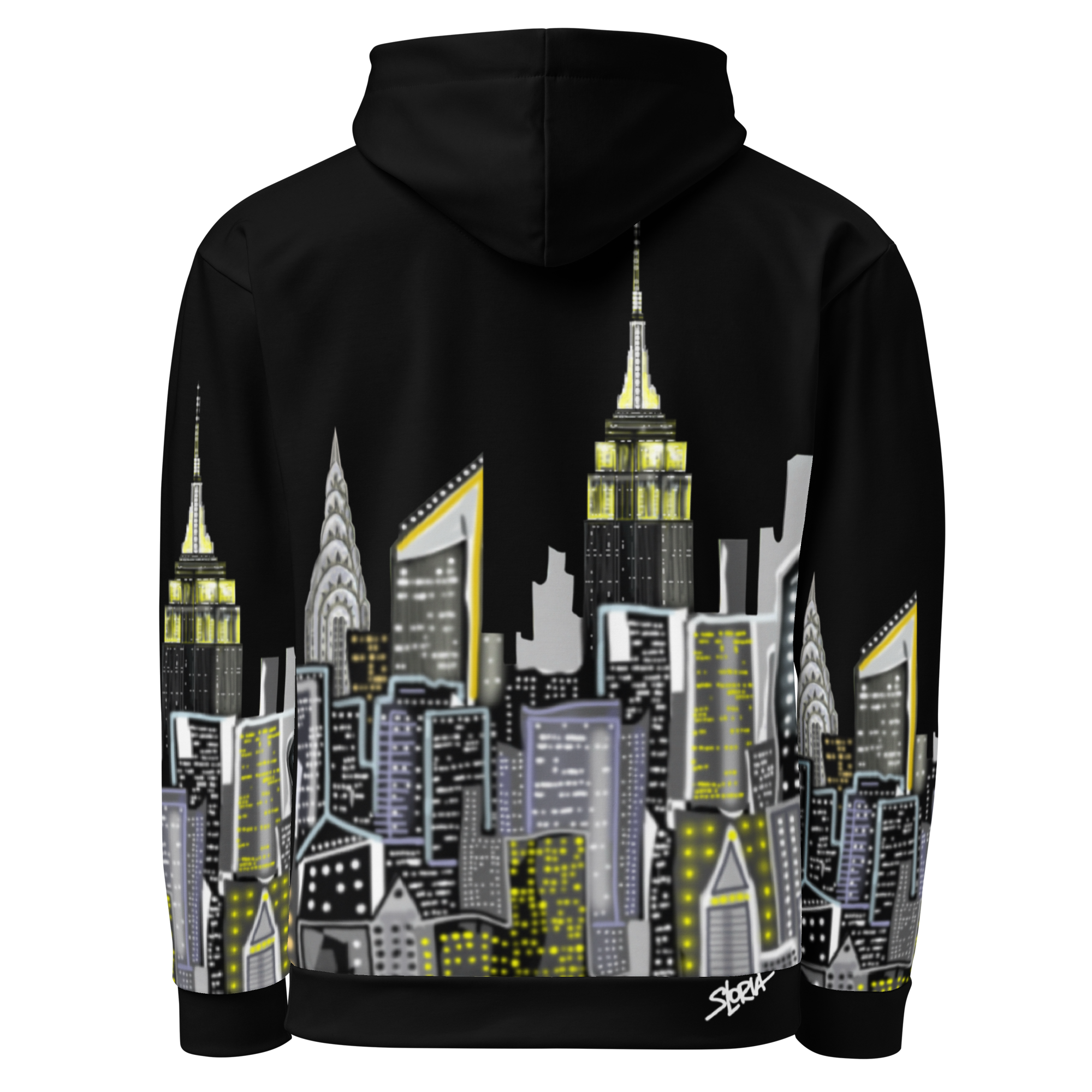 Back of a Black hoodie with a Loria NYC Art cityscape design on the back against a white background