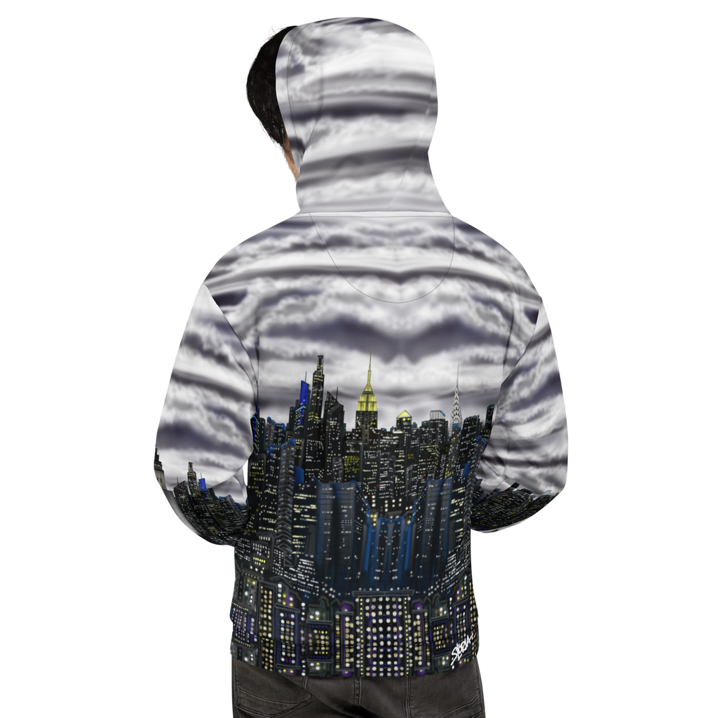 Hoodie with a Loria NYC Art cityscape design on the back, featuring tall buildings and a night sky.