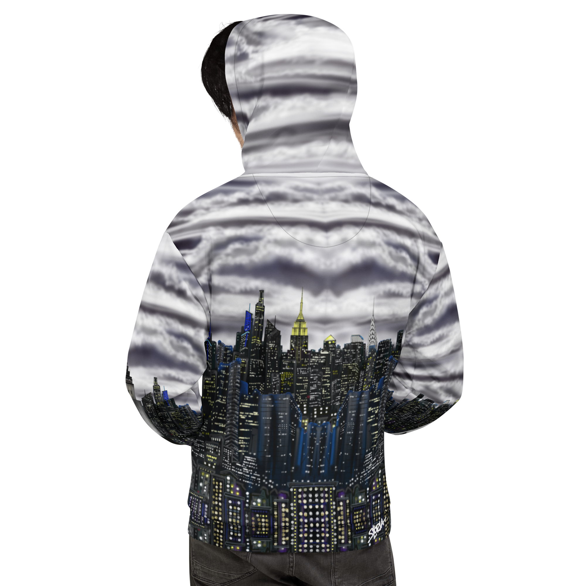 Hoodie with a Loria NYC Art cityscape design on the back, featuring tall buildings and a night sky.