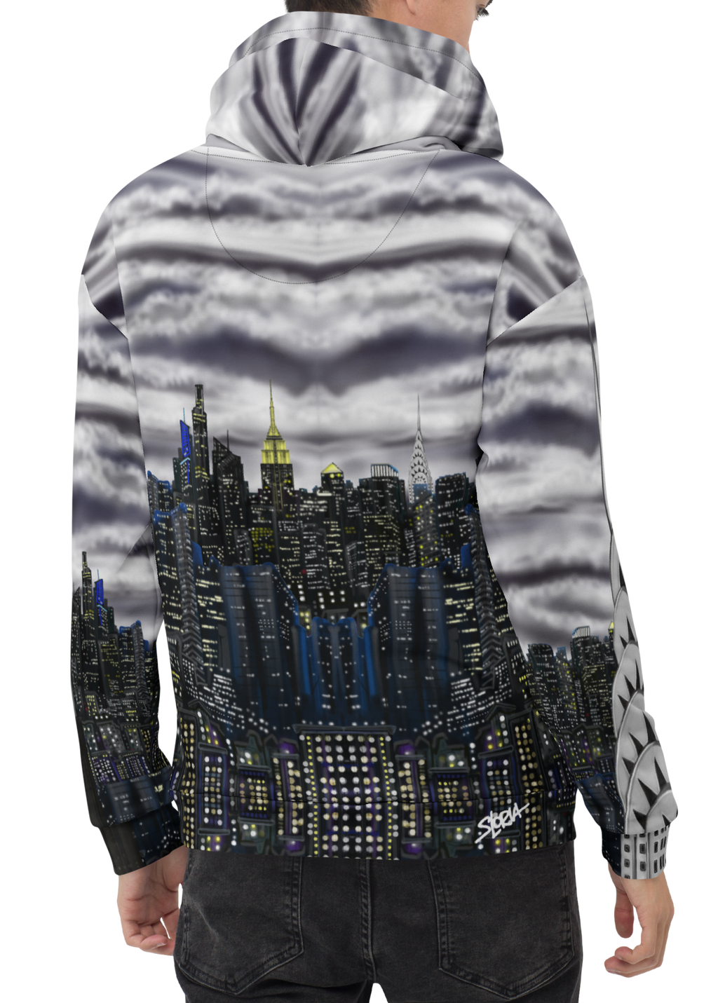 Person wearing a hoodie with a cityscape Loria NYC Art design on the back, on a white background