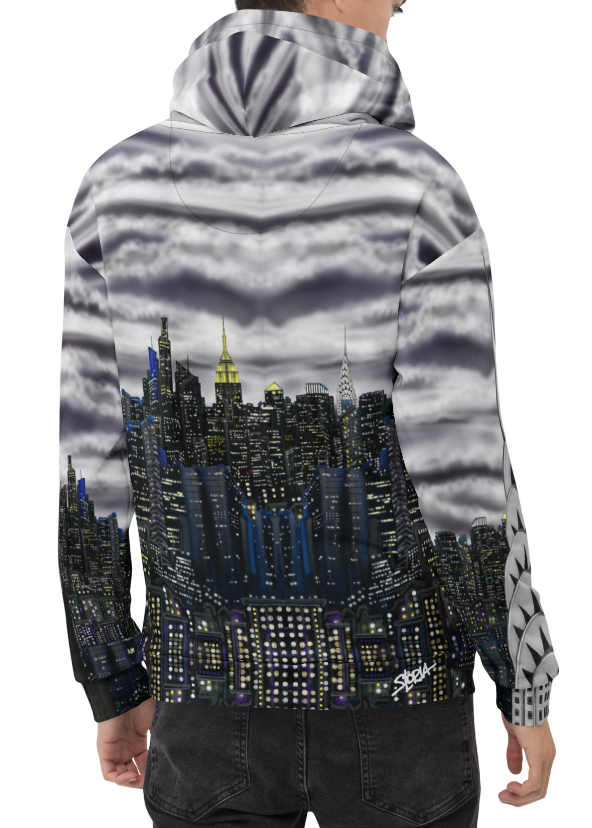 Person wearing a hoodie with a cityscape Loria NYC Art design on the back, on a white background