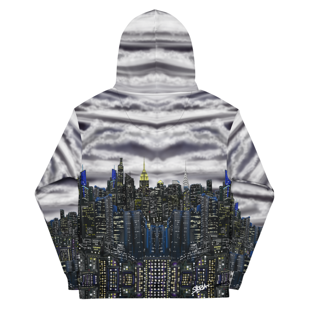 Rear view of Loria NYC Art Hoodie with a cityscape design on a white background