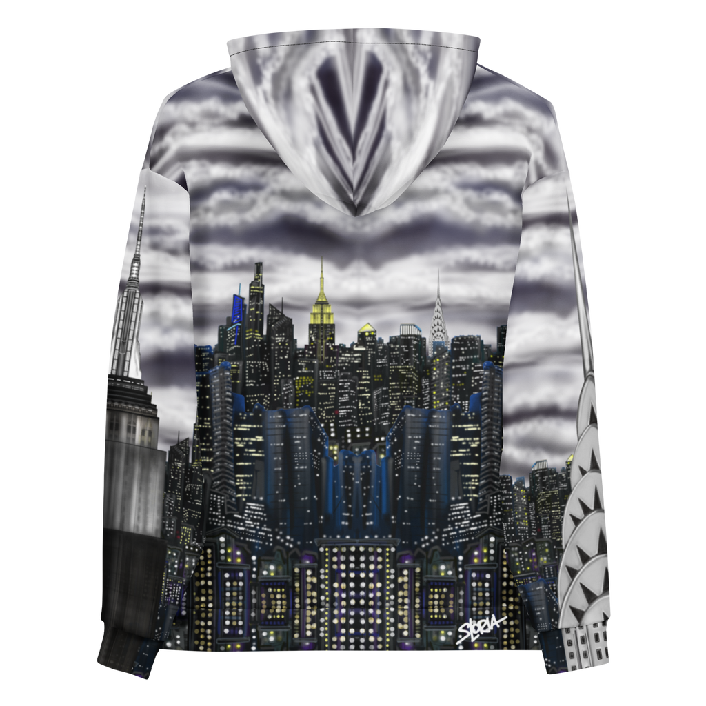 Hoodie with a cityscape Loria NYC Art design on the front and back