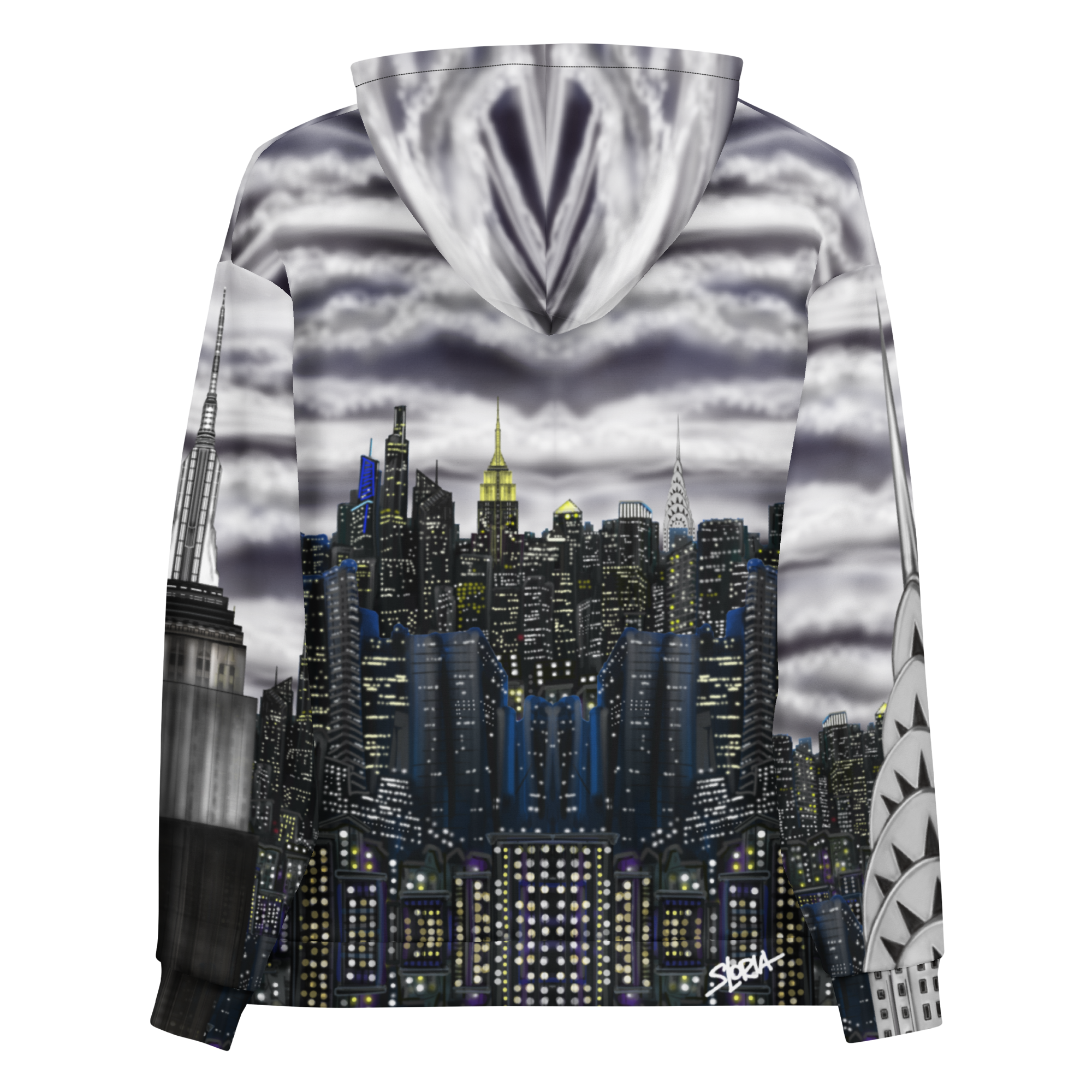 Hoodie with a cityscape Loria NYC Art design on the front and back