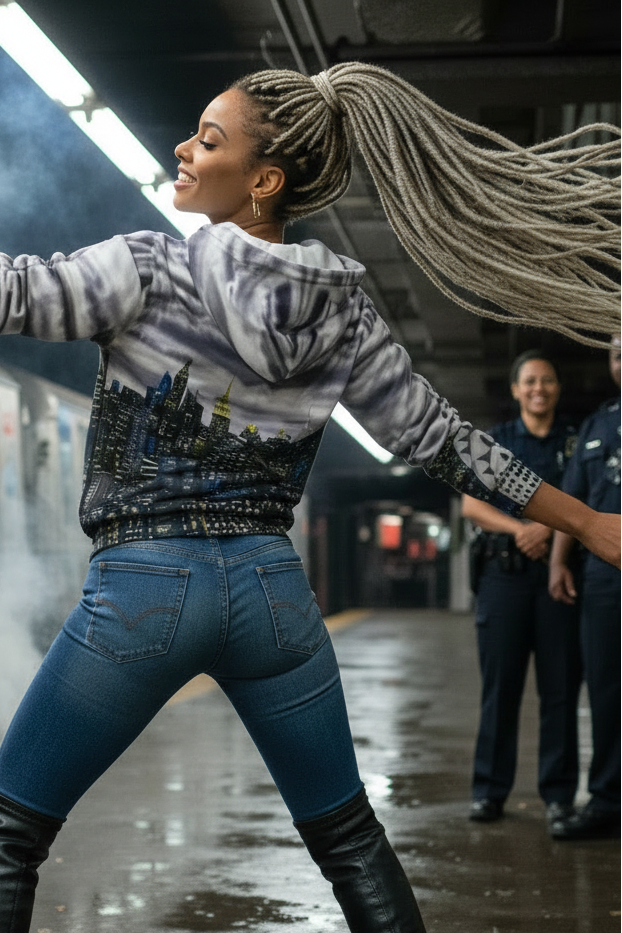 Woman wearing a Loria NYC Art hoodie dancing in a subway station with a train in the background