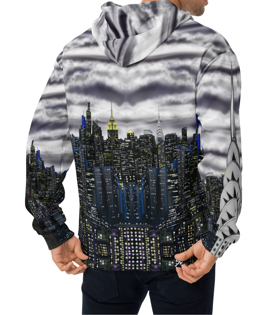 Person wearing a hoodie with a cityscape Loria NYC Art design on the back