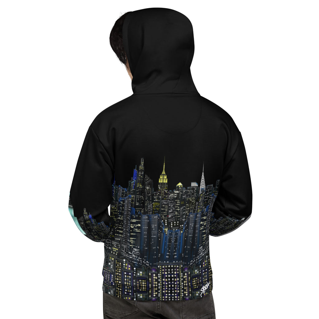 Black hoodie with a cityscape Loria NYC Art design on the back, worn by a person.