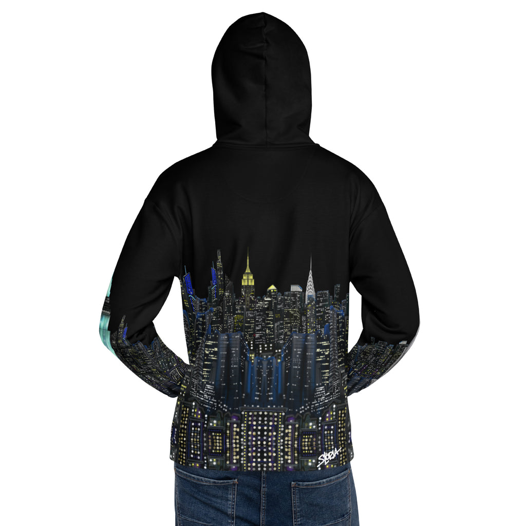 Black hoodie with a cityscape Loria NYC Art design on the back, worn by a person.