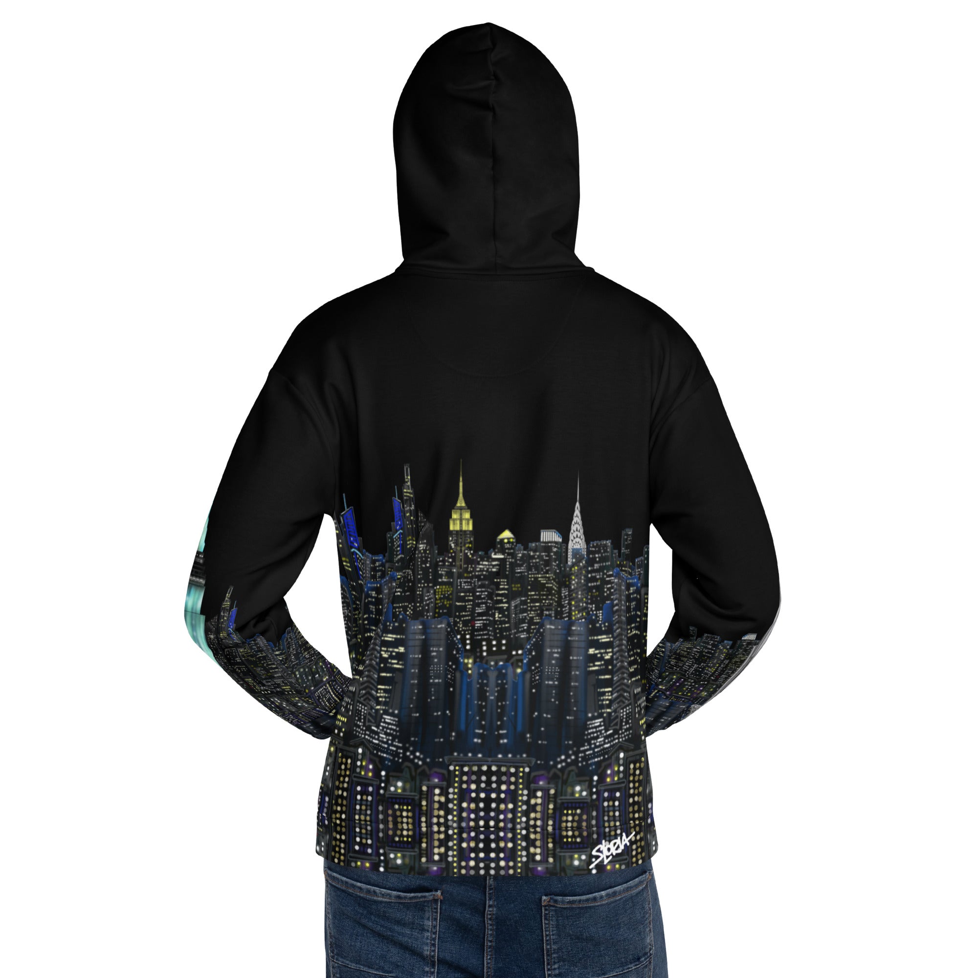 Black hoodie with a cityscape Loria NYC Art design on the back, worn by a person.