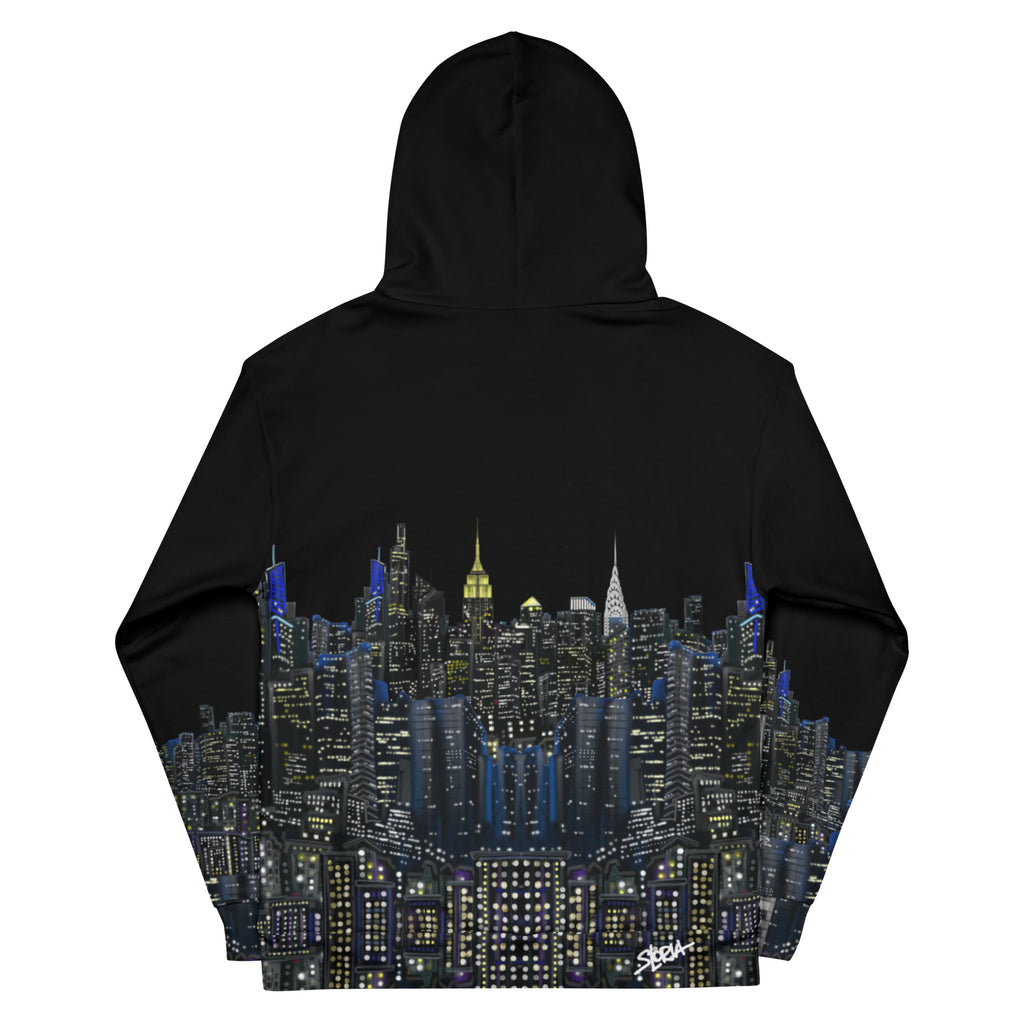 Back of Loria NYC Art Black hoodie with a cityscape design on the back against a white background