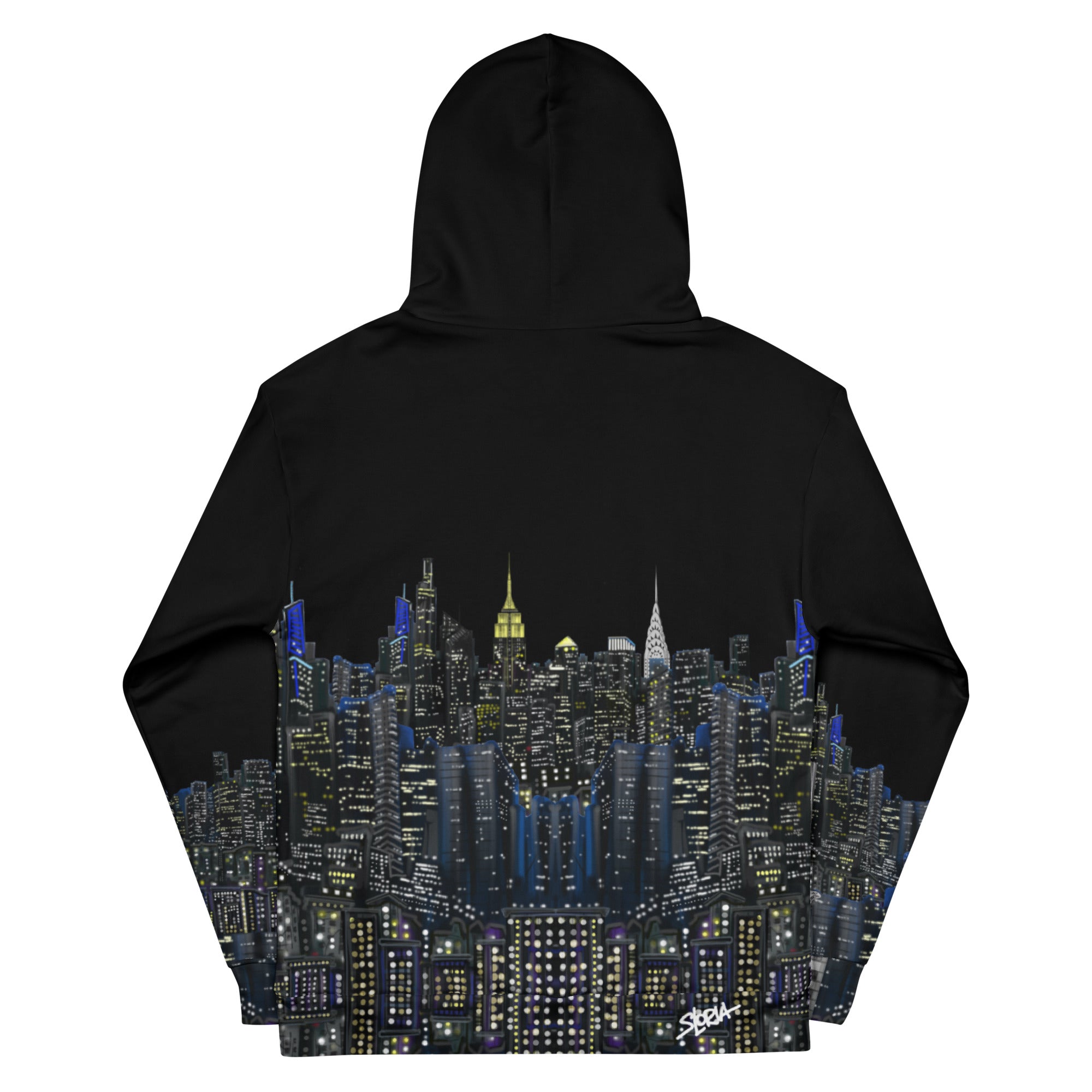 Back of Loria NYC Art Black hoodie with a cityscape design on the back against a white background