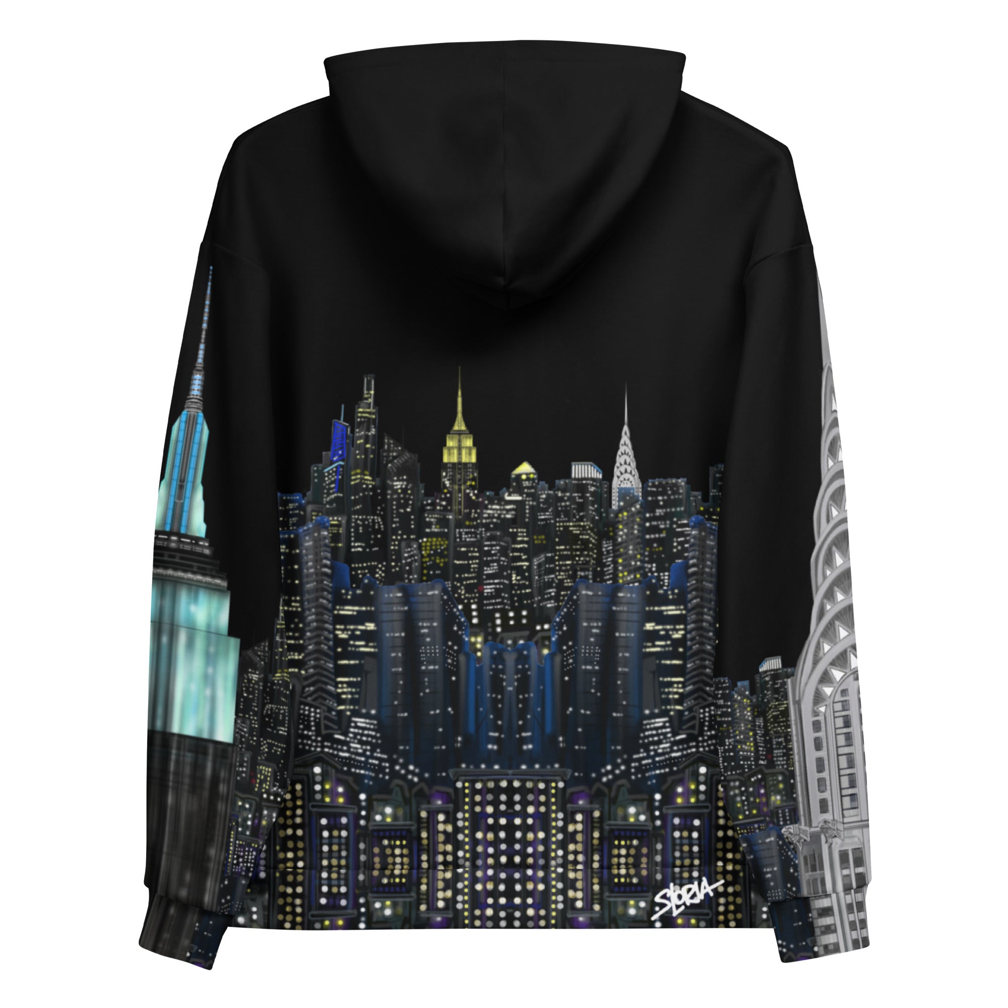 Loria NYC Art Black hoodie with a cityscape design on the back, featuring illuminated buildings.