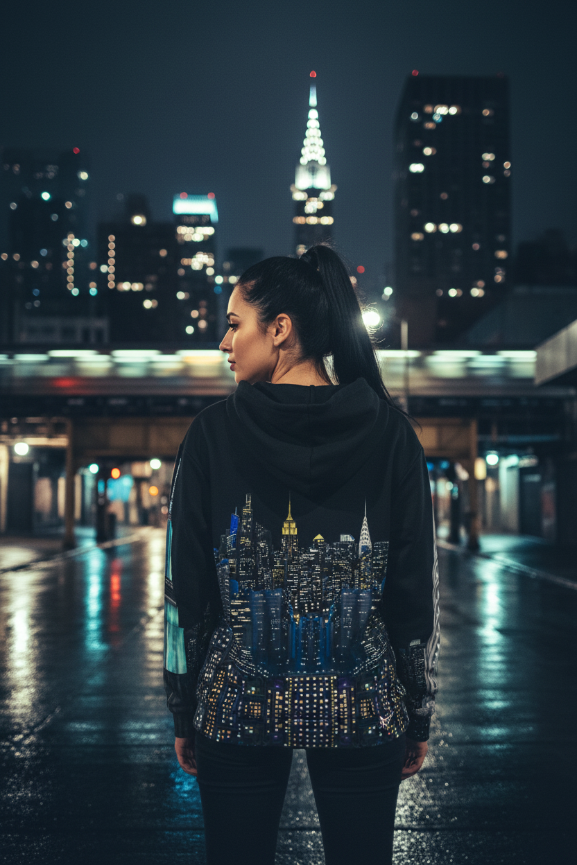 Woman wearing a Loria NYC Art hoodie with a cityscape design in front of a nighttime city skyline.