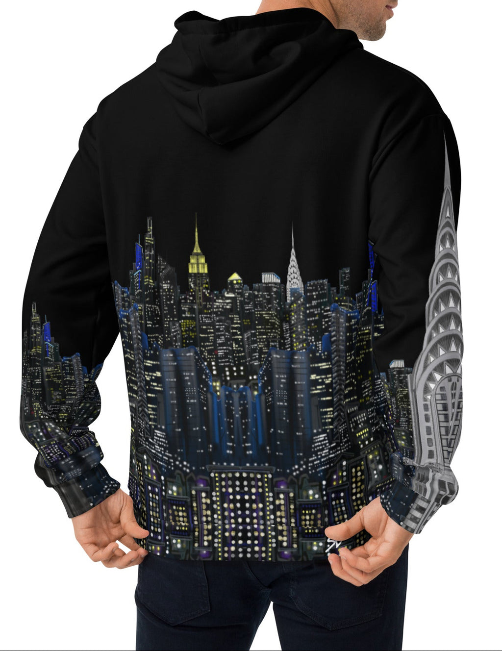 Person wearing a black hoodie with a cityscape Loria NYC Art design on the back, standing against a white background.