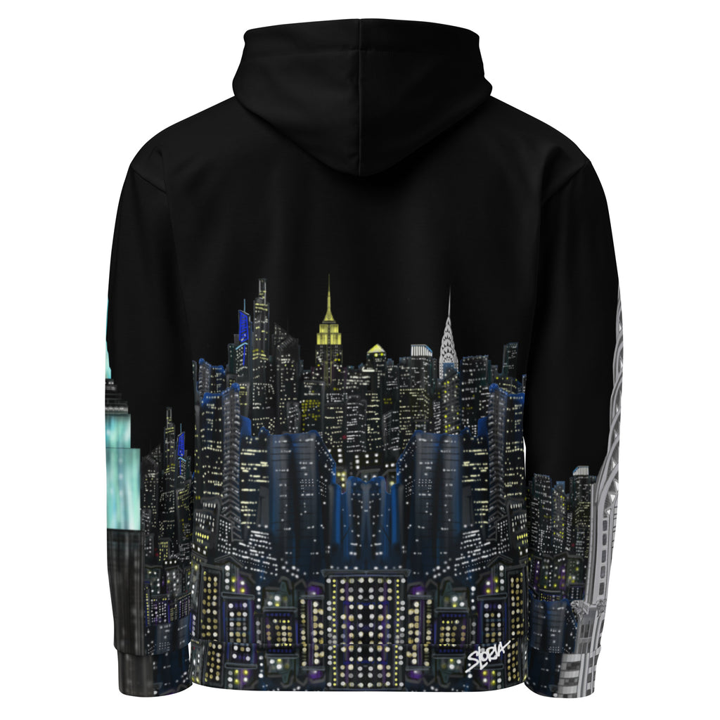 Black hoodie with a cityscape Loria NYC Art design on the back against a white background