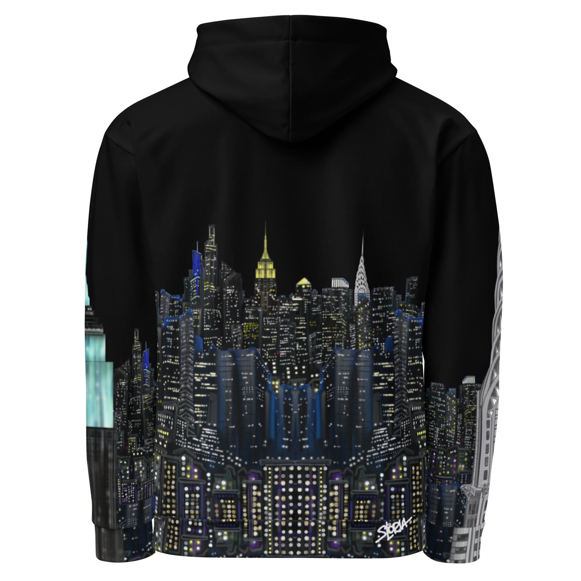 Black hoodie with a cityscape Loria NYC Art design on the back against a white background