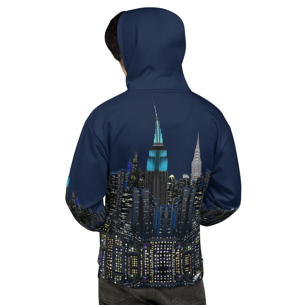  Loria NYC Art Navy blue hoodie with a cityscape design on the back, featuring the Empire State Building.