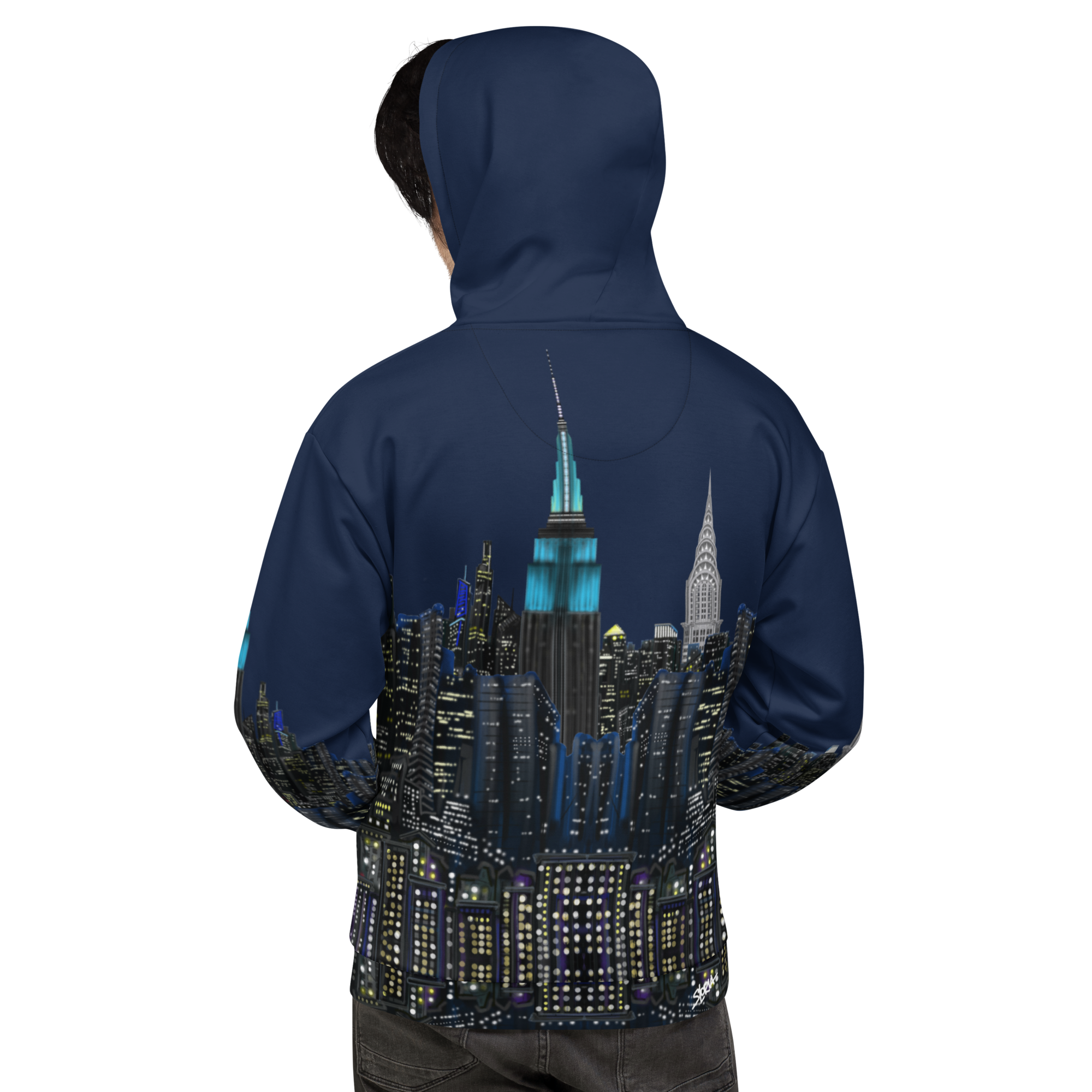  Loria NYC Art Navy blue hoodie with a cityscape design on the back, featuring the Empire State Building.