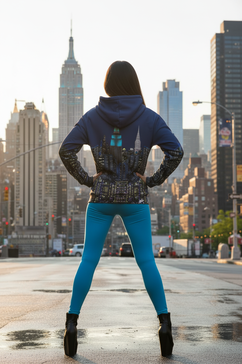 Person wearing a blue Loria NYC Art hoodie with a city skyline in the background
