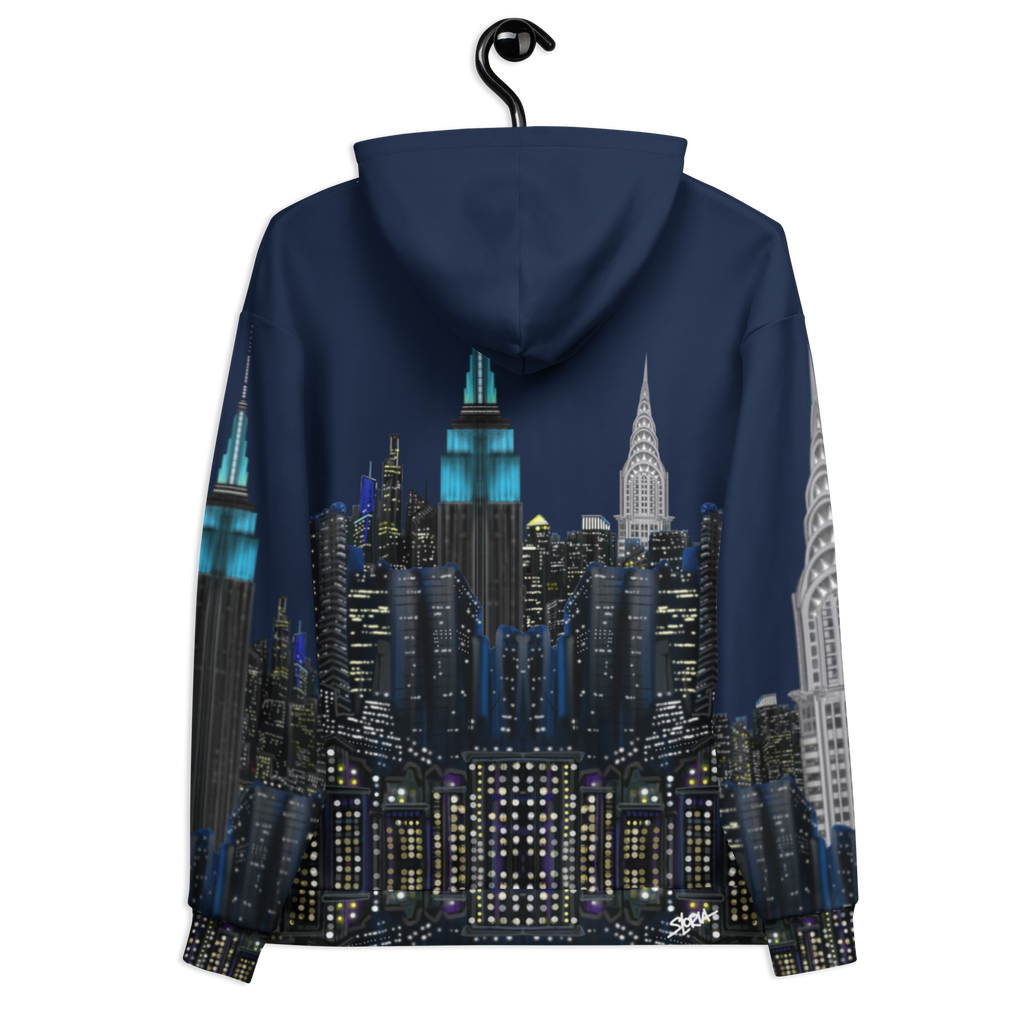 Back of  Loria NYC Art Navy blue hoodie with cityscape design on a white background