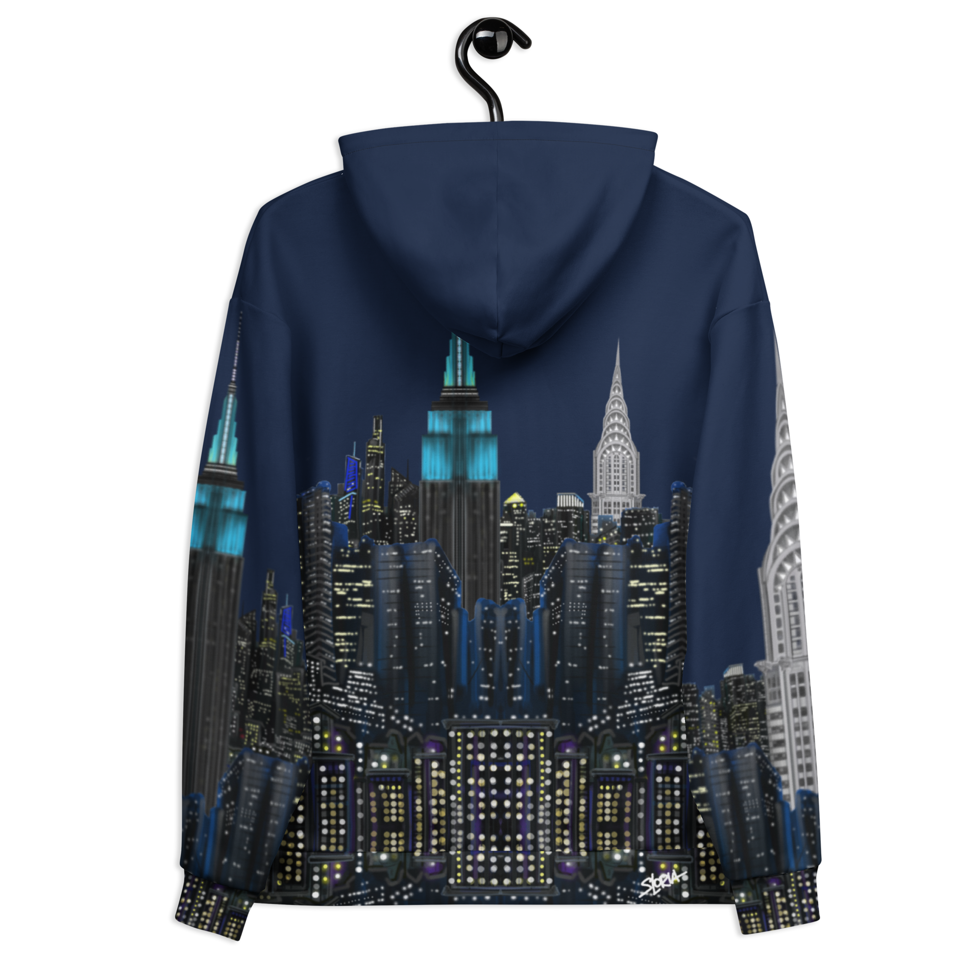 Back of  Loria NYC Art Navy blue hoodie with cityscape design on a white background