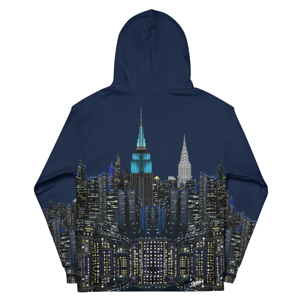 Navy blue hoodie with a  Loria NYC Art cityscape design on the back, featuring illuminated skyscrapers.