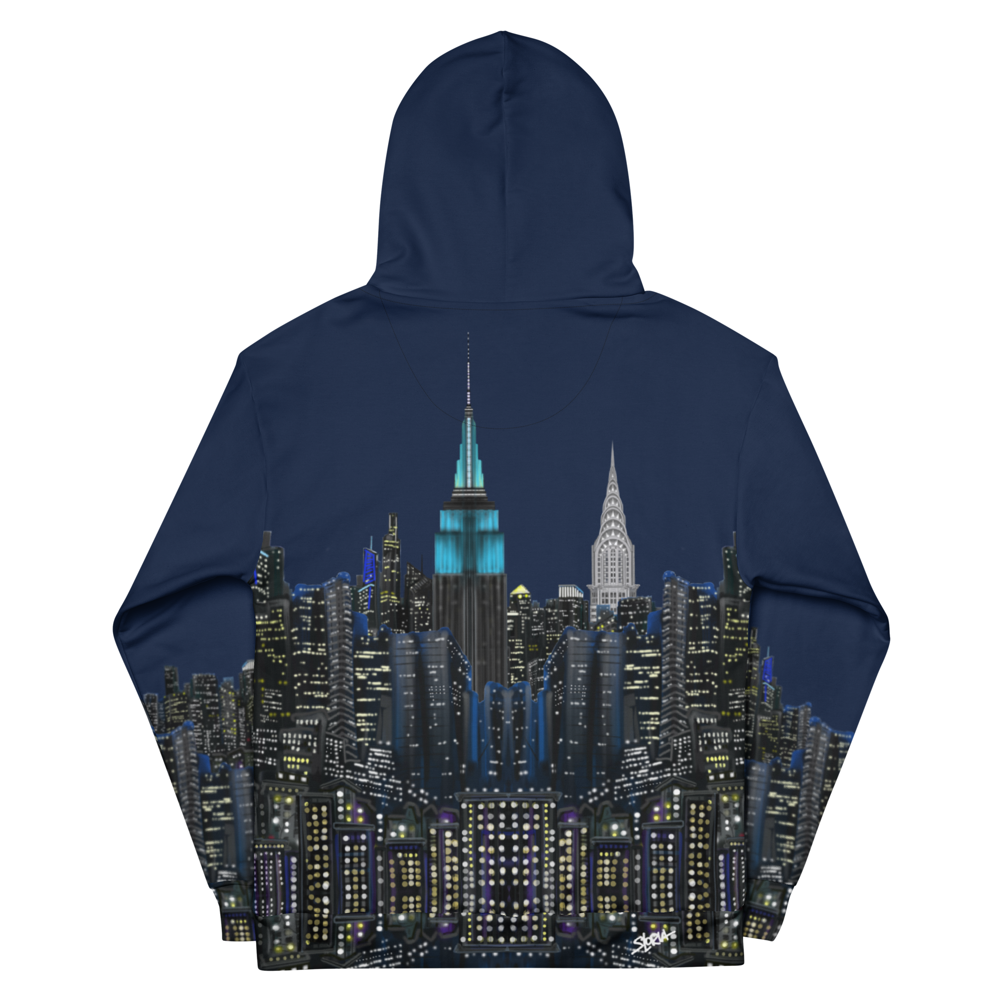 Navy blue hoodie with a  Loria NYC Art cityscape design on the back, featuring illuminated skyscrapers.