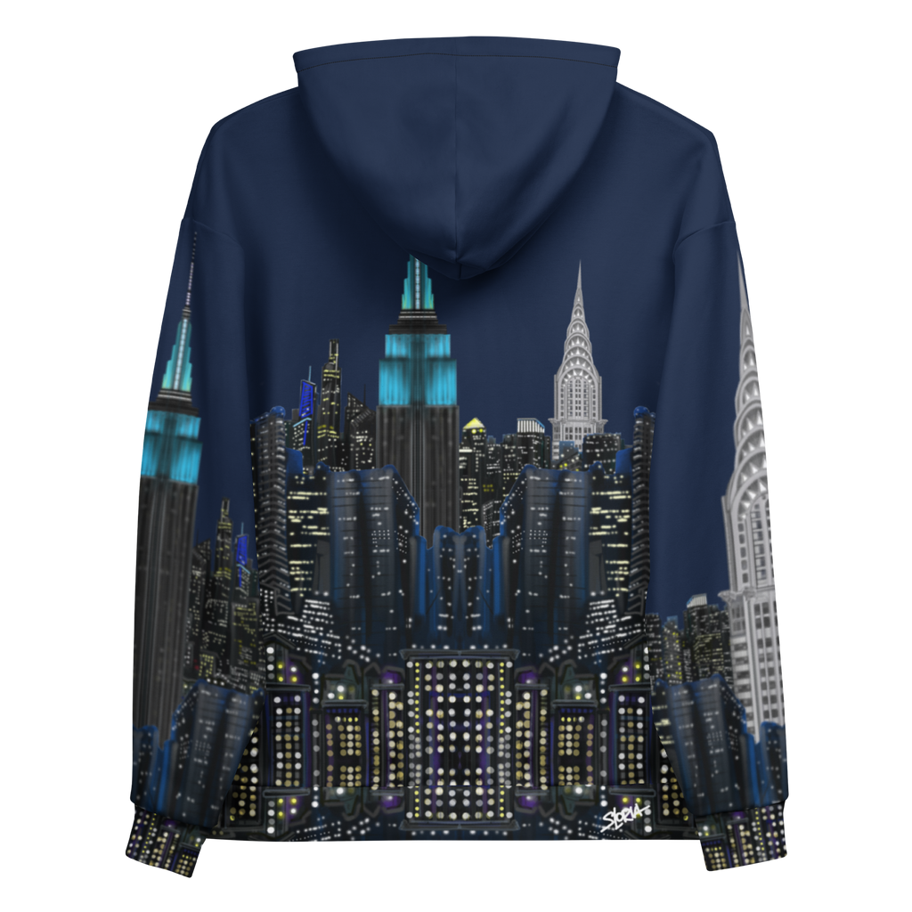 Navy blue hoodie with a cityscape  Loria NYC Art design on the back, featuring illuminated skyscrapers.