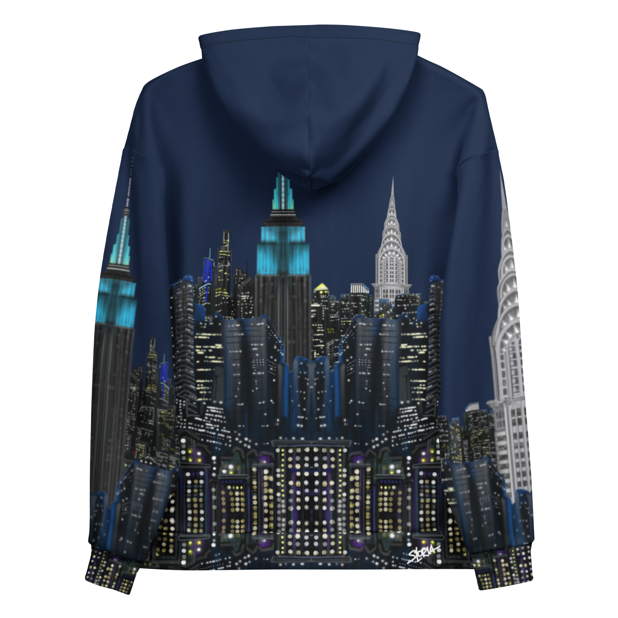 Navy blue hoodie with a cityscape  Loria NYC Art design on the back, featuring illuminated skyscrapers.