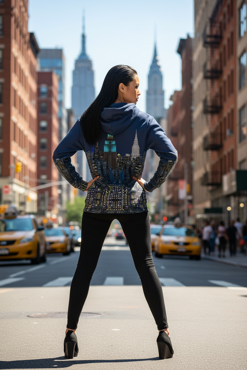 Person wearing a unique Loria NYC Art jacket with a cityscape background