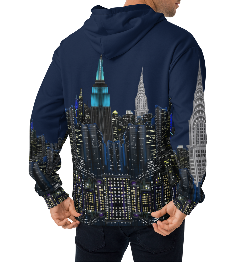Person wearing a hoodie with a Loria NYC Art cityscape design on the back