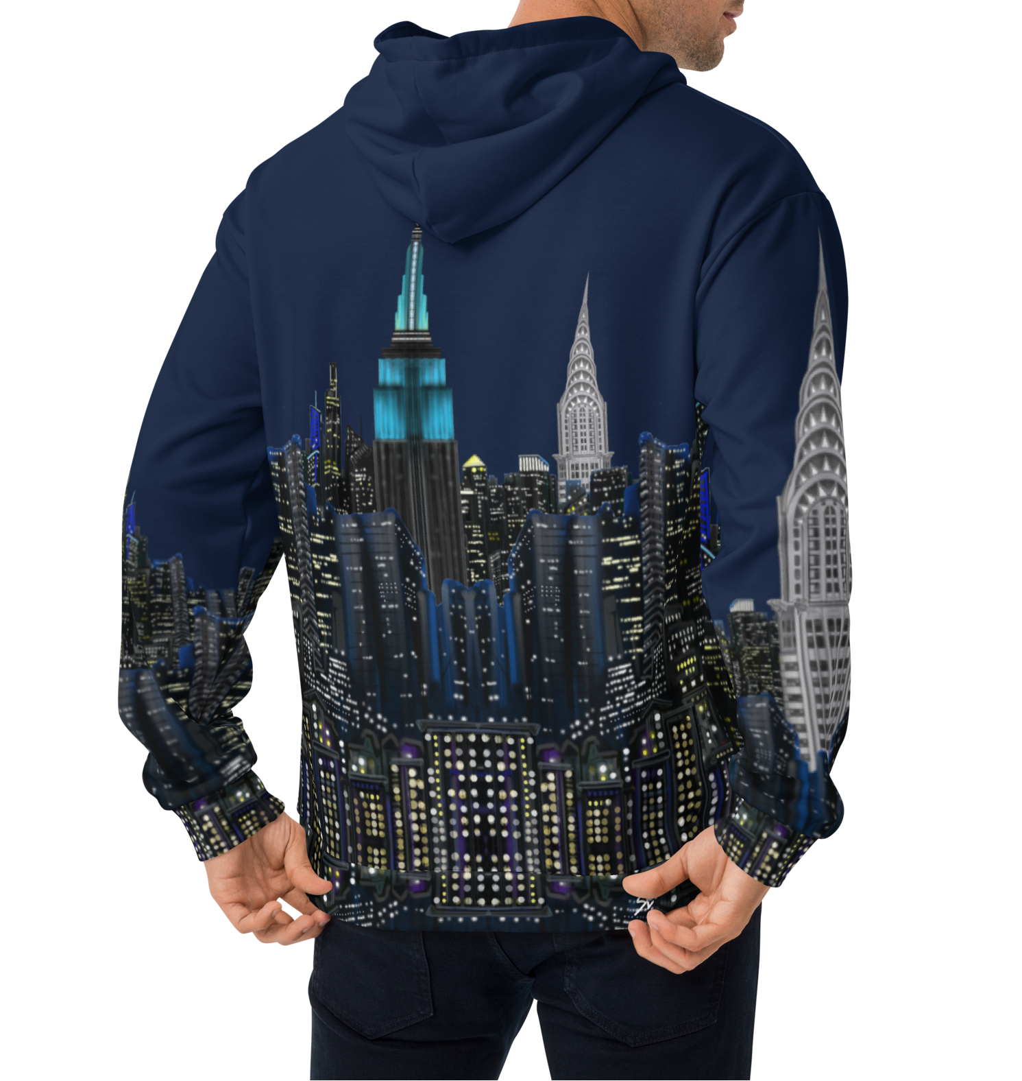 Person wearing a hoodie with a Loria NYC Art cityscape design on the back
