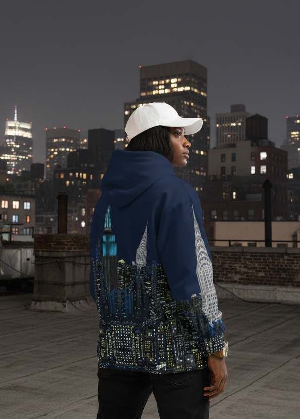 Person wearing a hoodie with a cityscape  Loria NYC Art design, standing against a blurred background.