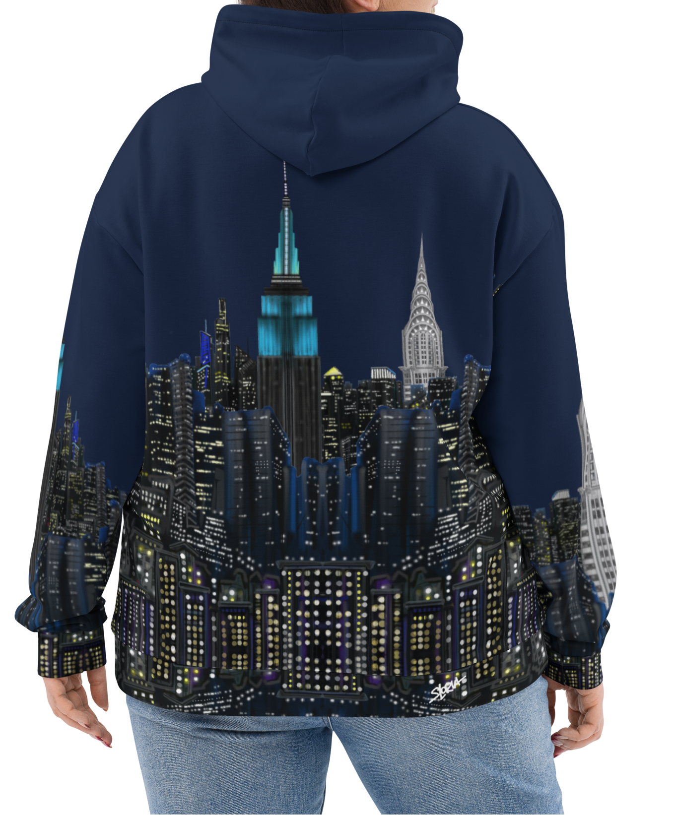 Person wearing a hoodie with a Loria NYC Art cityscape design on the back, standing against a white background