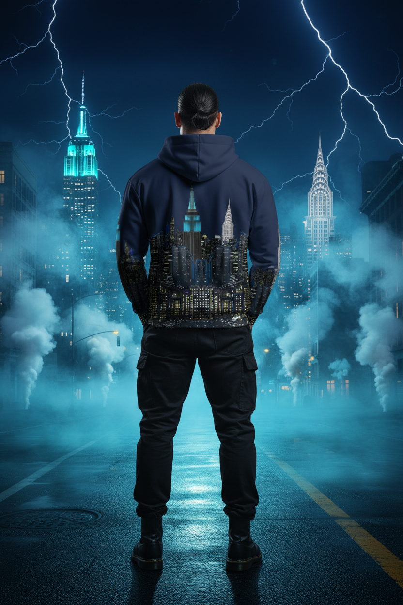Person wearing a hoodie with a Loria NYC Art cityscape design, standing in front of a stylized city skyline with lightning.