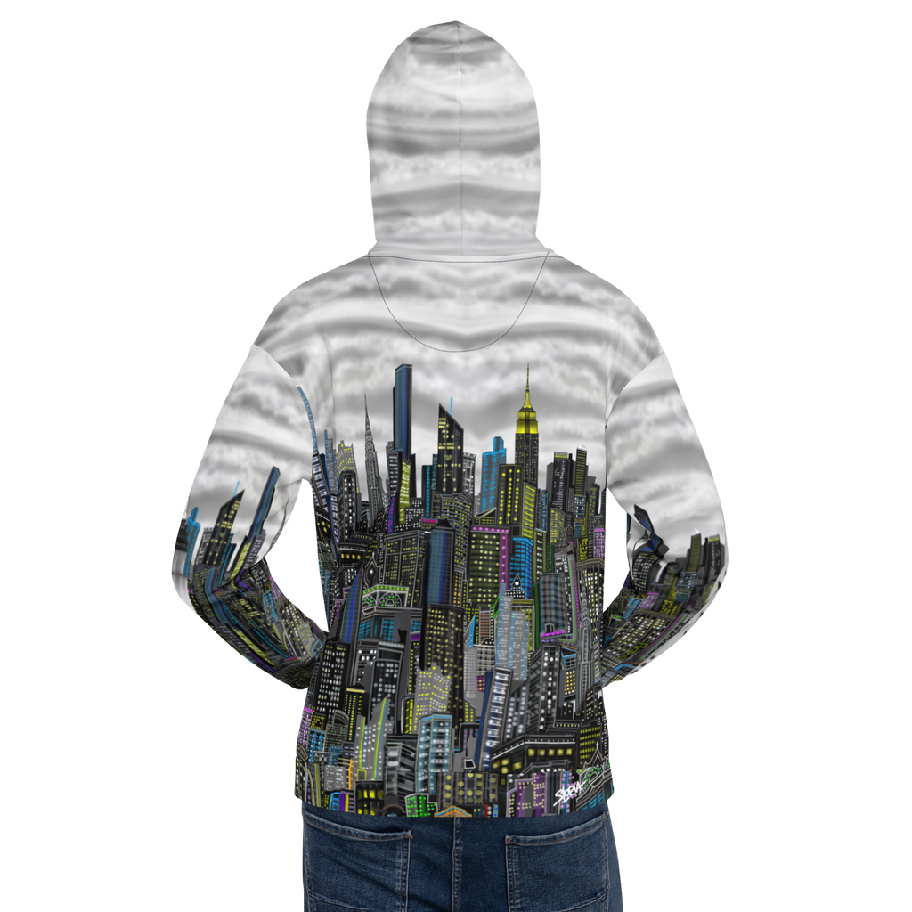Hoodie with a cityscape design by Loria NYC Art on the back against a white background