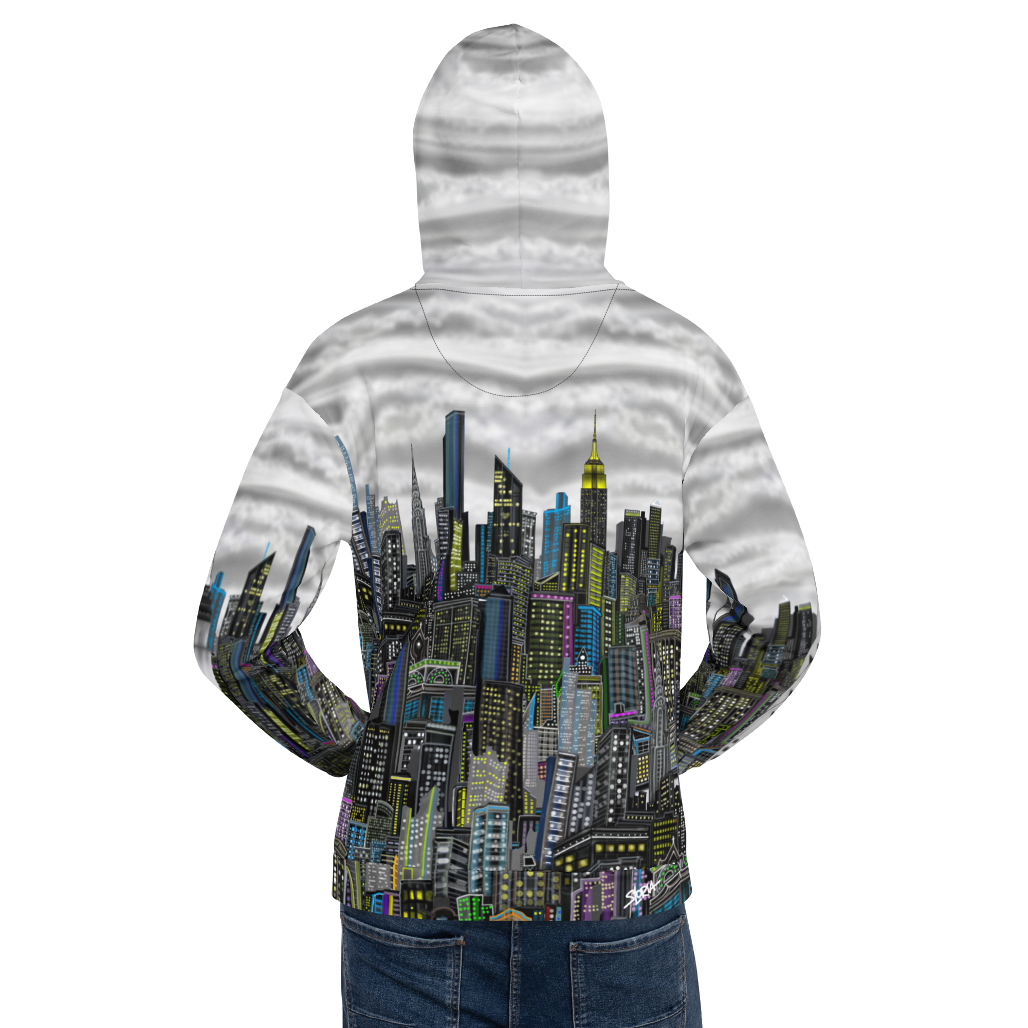 Hoodie with a cityscape design by Loria NYC Art on the back against a white background