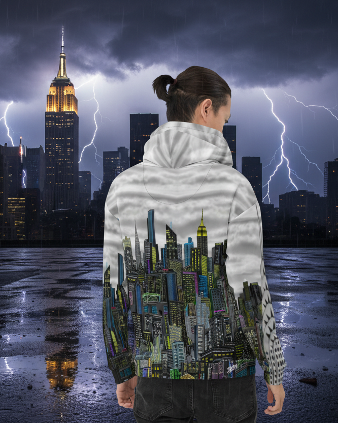 Person wearing a hoodie with a cityscape Loria NYC Art design on the back on a rooftop with lightning 