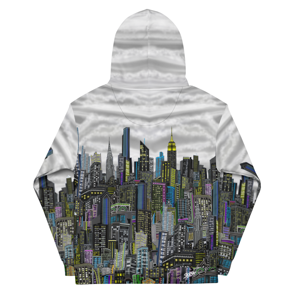 Rear view of a Hoodie with cityscape design on a white background