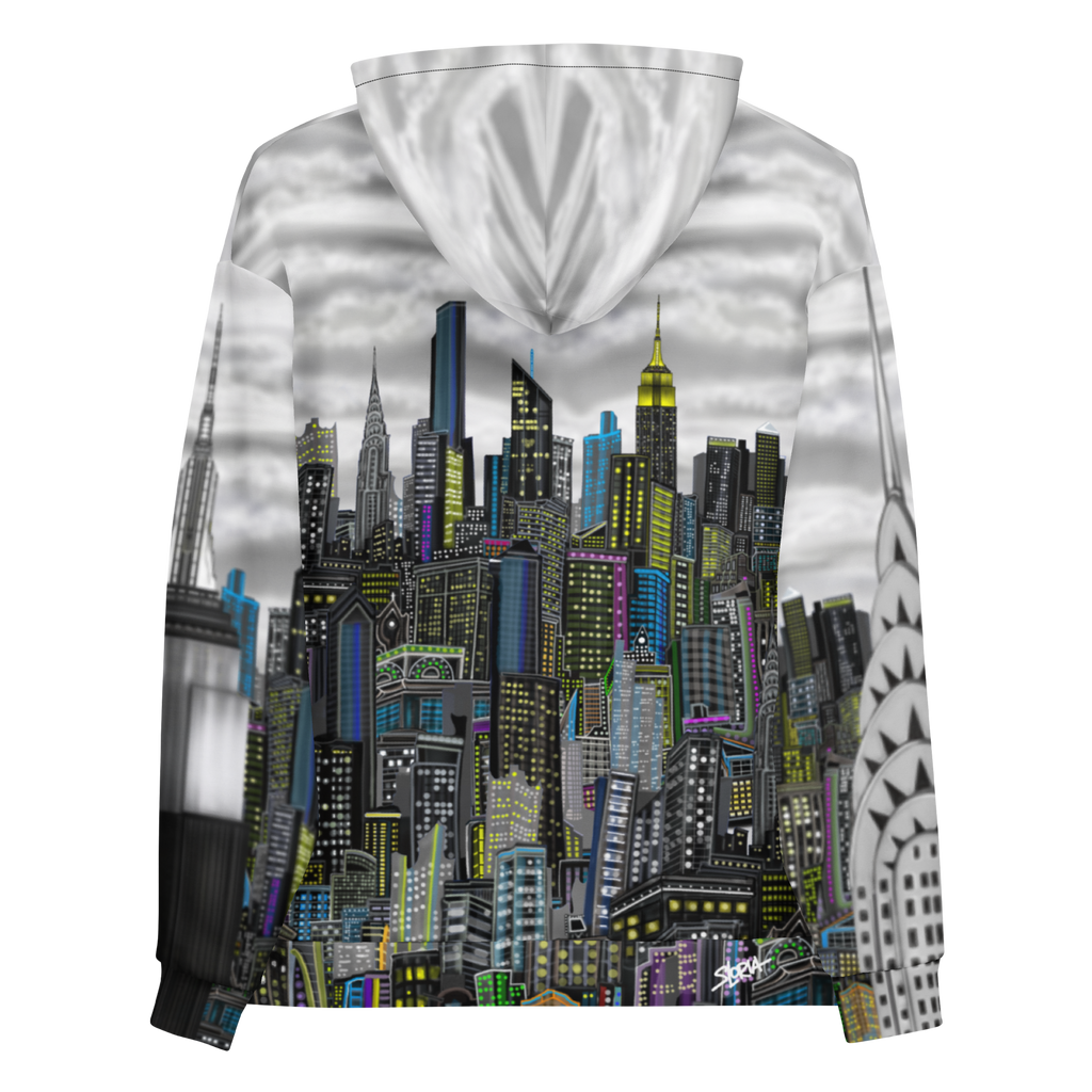 Rear image of a Loria NYC Art Hoodie with a cityscape design on a white background